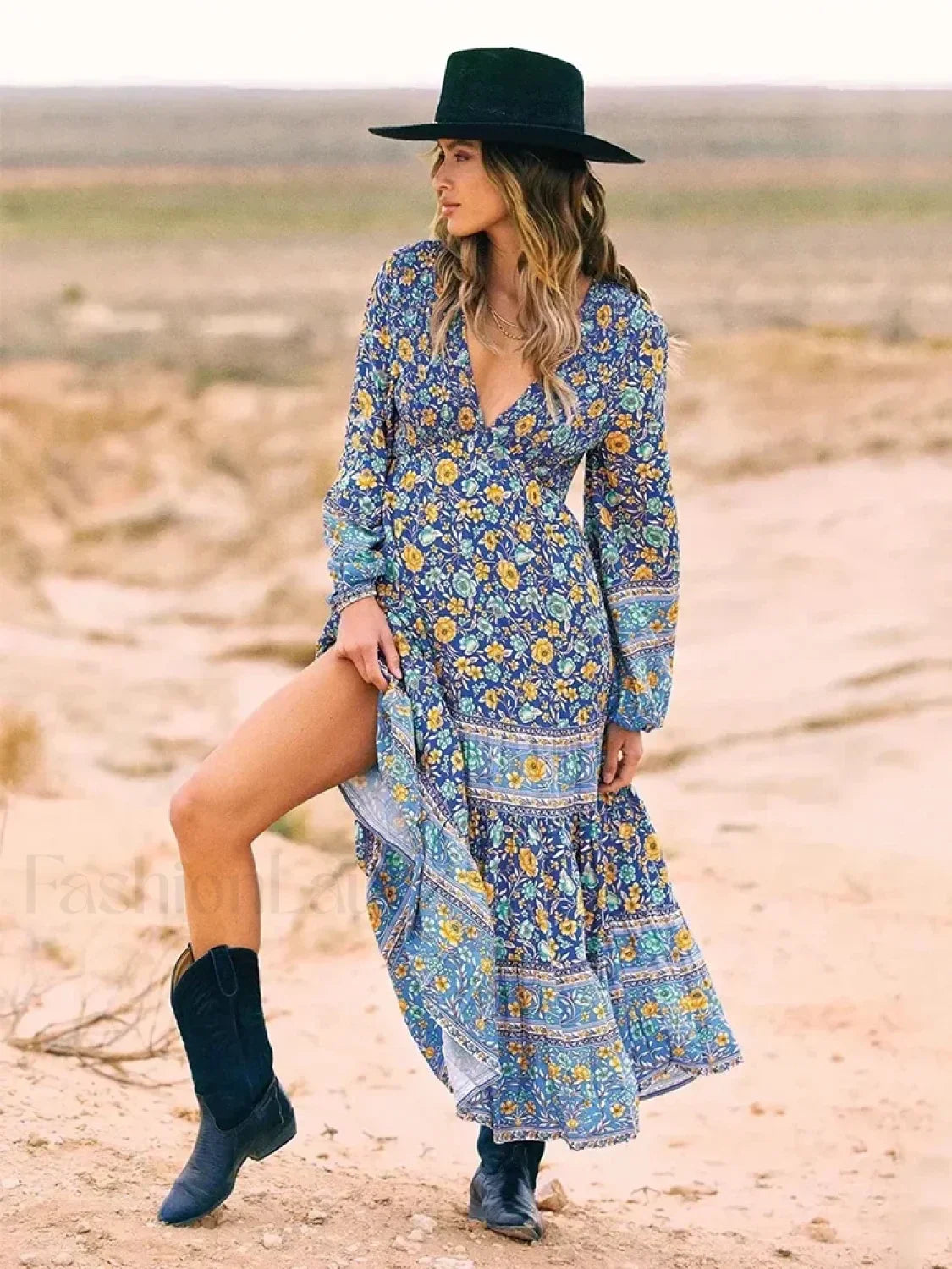 Floral Printed Sleeve Boho Dress blue Long dress / S