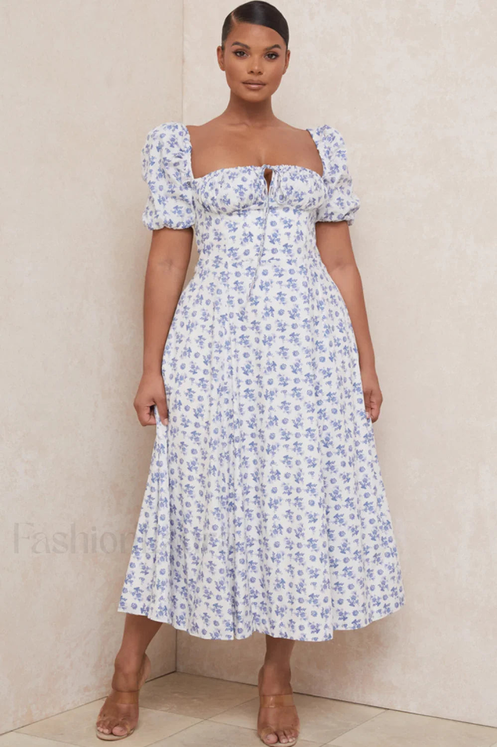 Floral Puff Sleeve Charming Boho Midi Dress S / Floral
