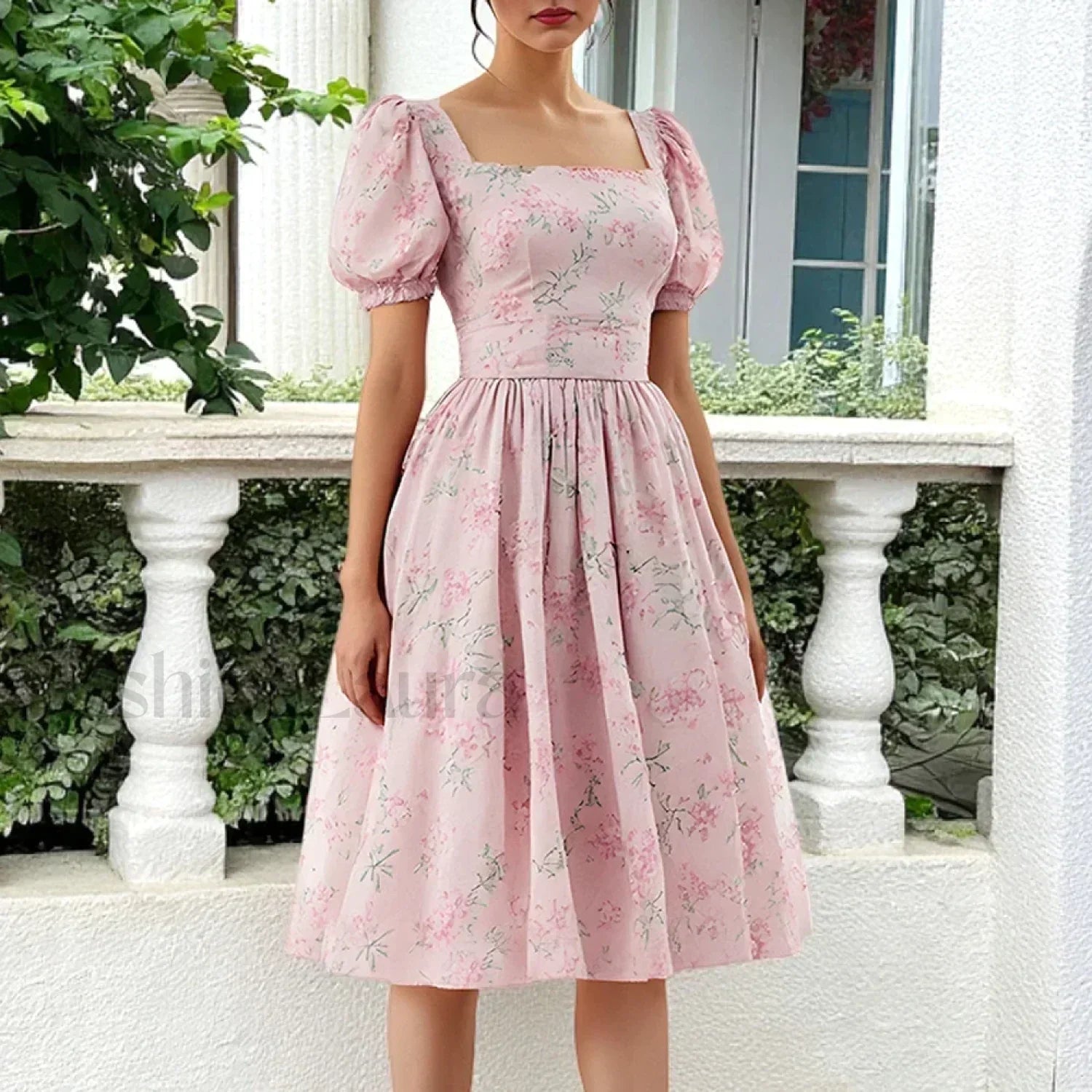 Floral Puff-Sleeve Midi Dress