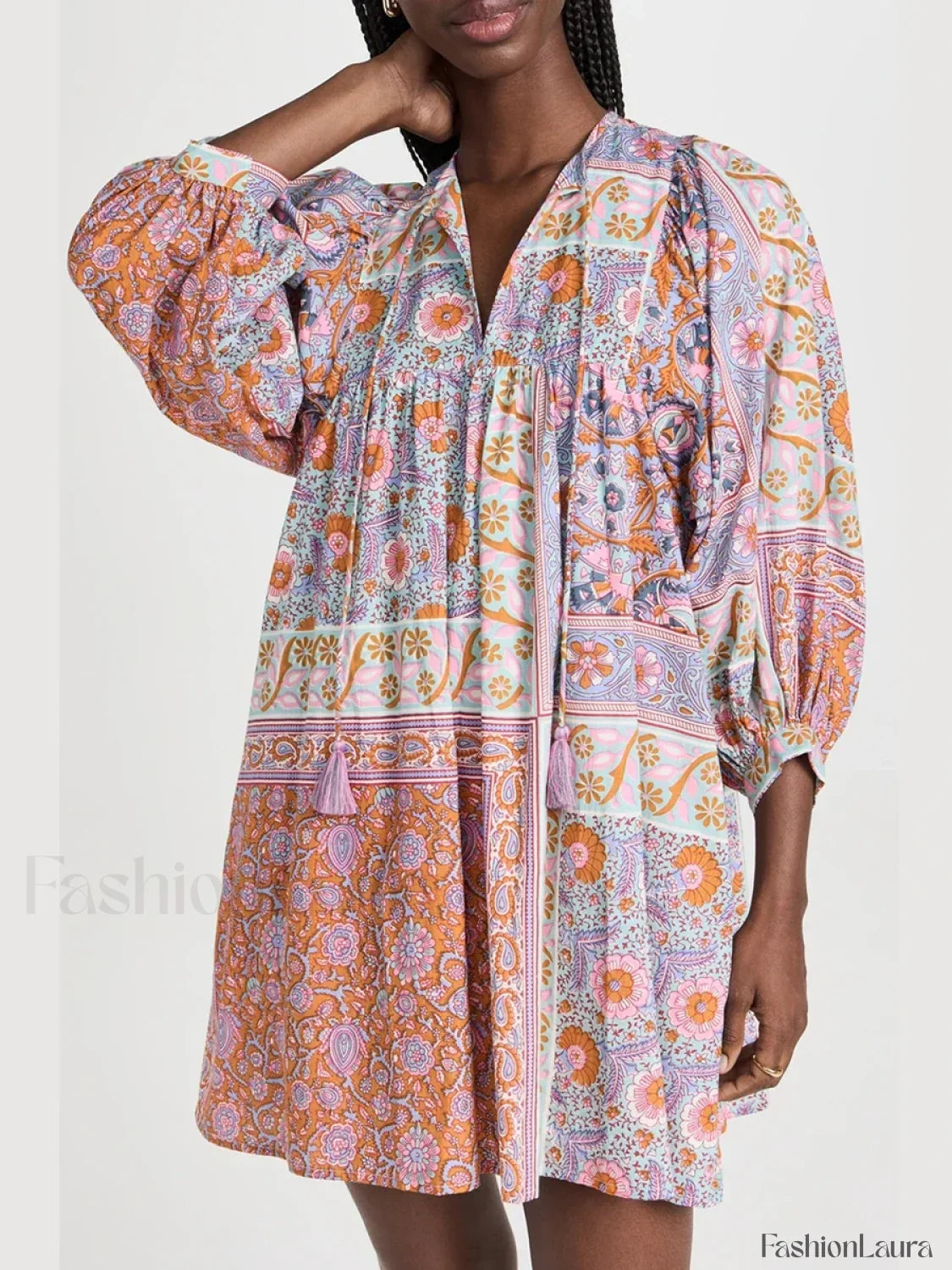 Floral Puff-Sleeve Shirt Boho Dress