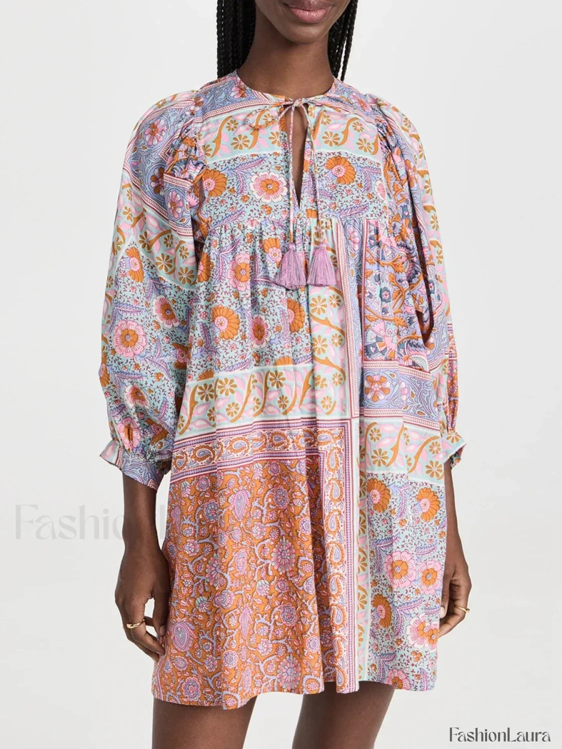 Floral Puff-Sleeve Shirt Boho Dress