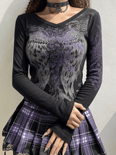 Floral Rhinestone Long Sleeve Crop Top Black / S Tops&Tees