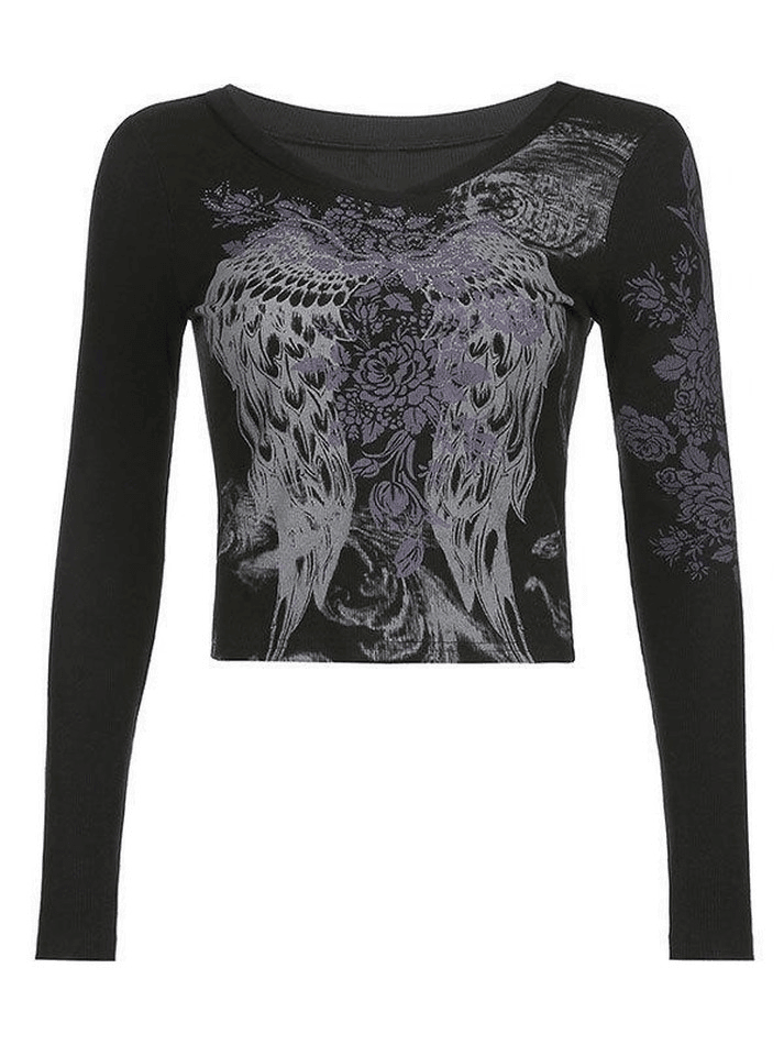 Scoop Neck Long Sleeve Floral Wing Print Fitted Crop Top 12