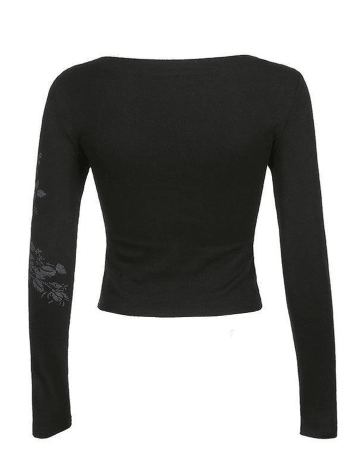 Scoop Neck Long Sleeve Floral Wing Print Fitted Crop Top 13