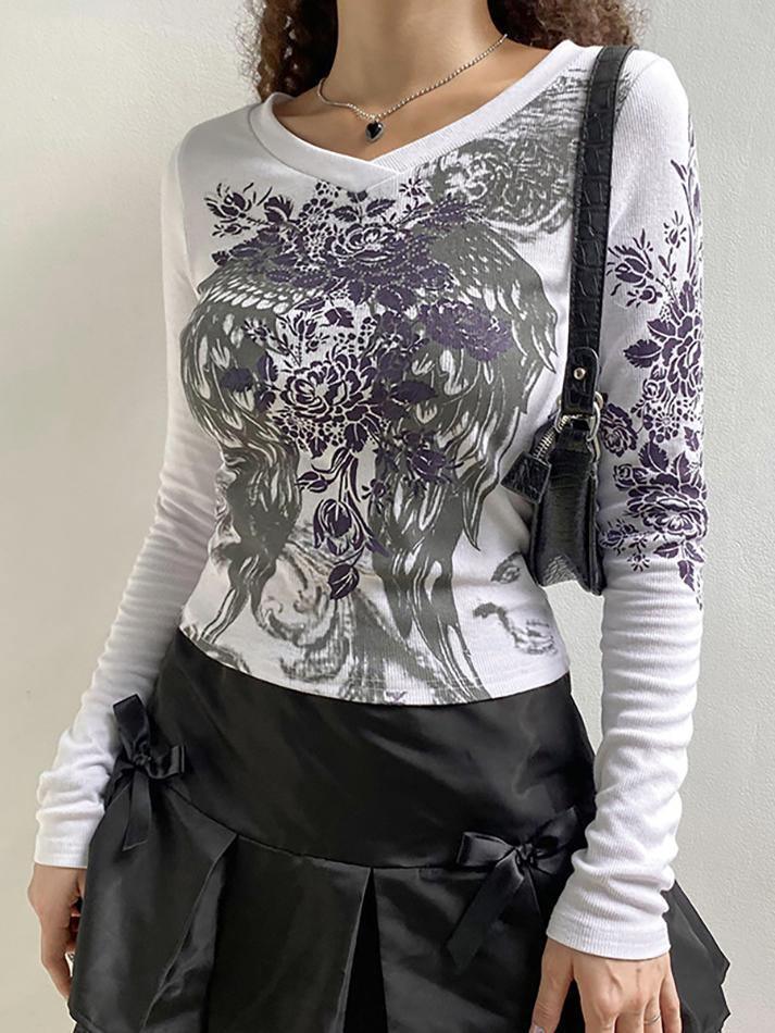 Scoop Neck Long Sleeve Floral Wing Print Fitted Crop Top 14