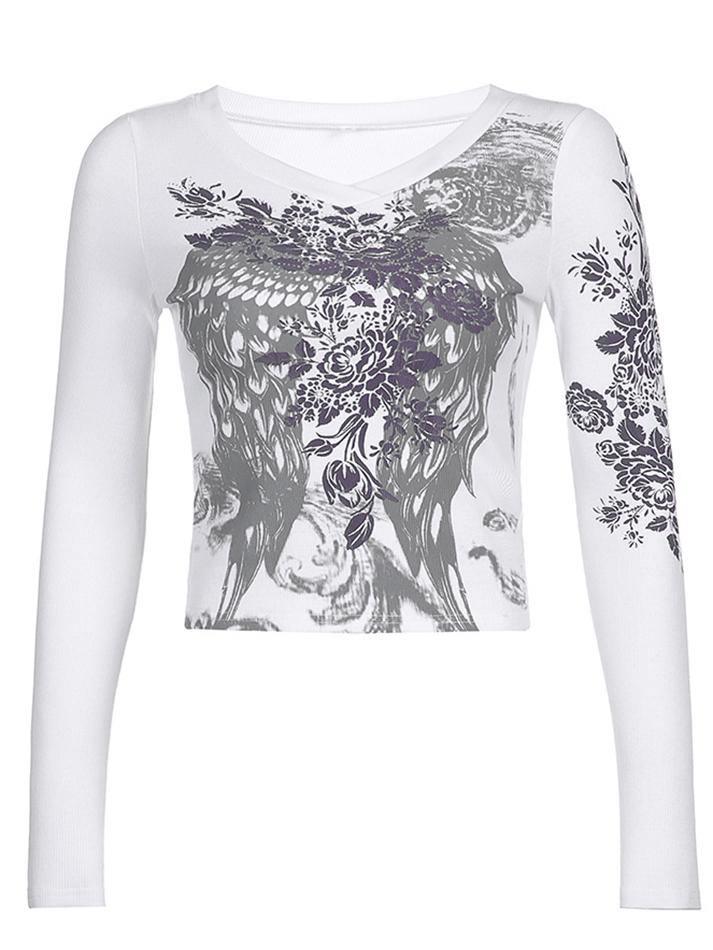 Scoop Neck Long Sleeve Floral Wing Print Fitted Crop Top 33