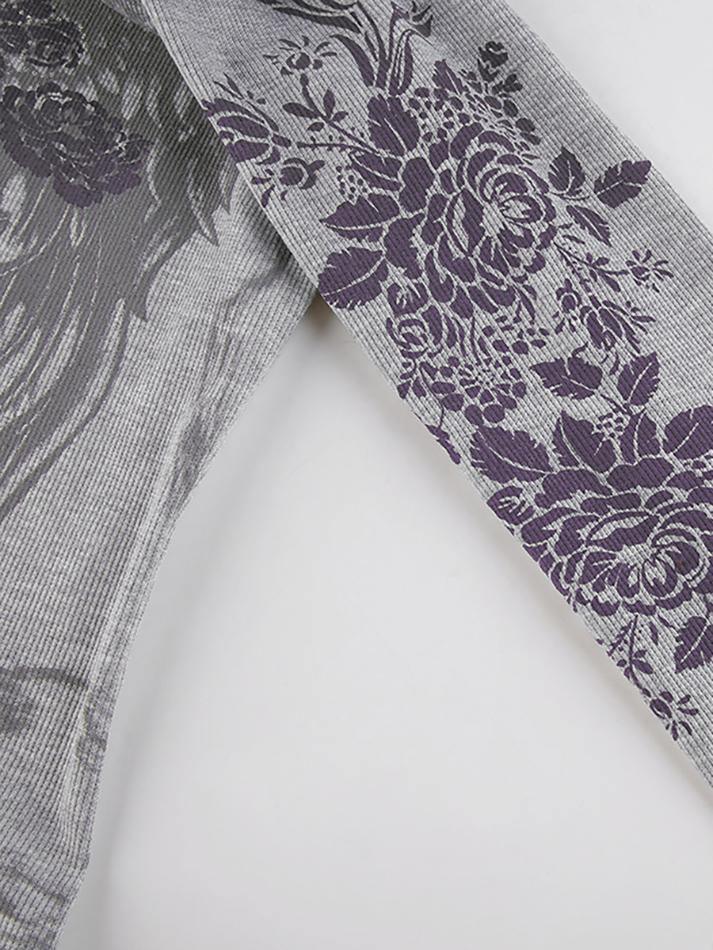 Scoop Neck Long Sleeve Floral Wing Print Fitted Crop Top 7