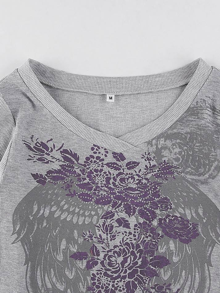 Scoop Neck Long Sleeve Floral Wing Print Fitted Crop Top 41