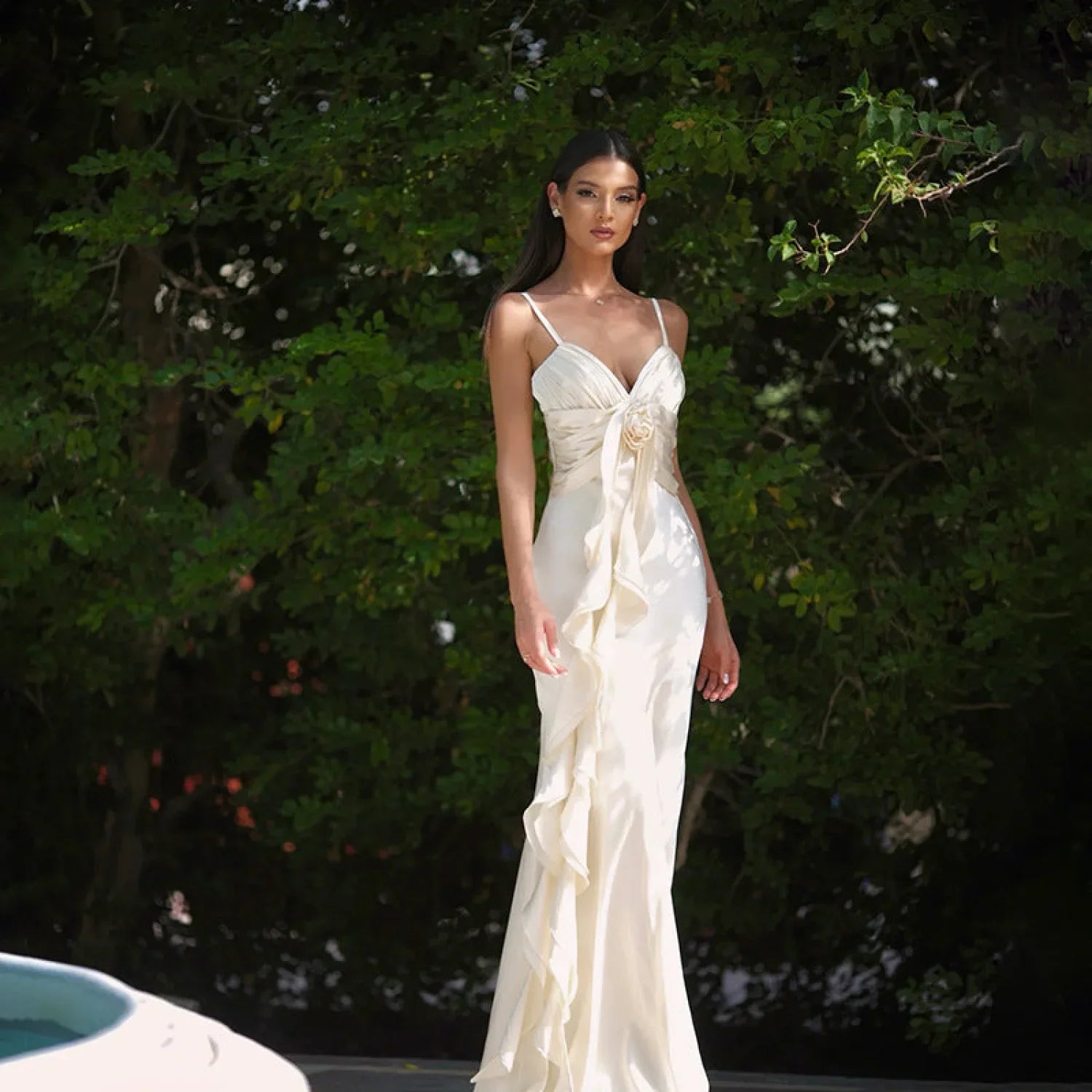 Floral Ribbon Satin Slim Fit Strappy Maxi Dress