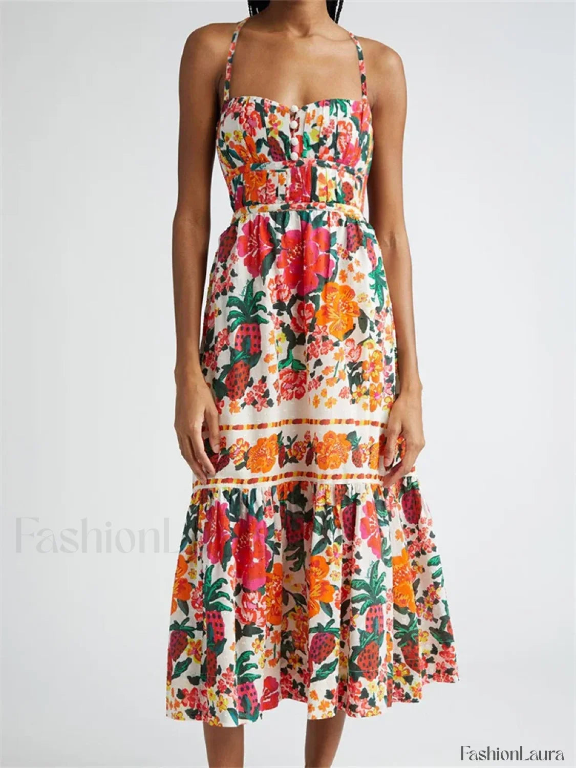 Floral Ruched Button Strap Maxi Dress