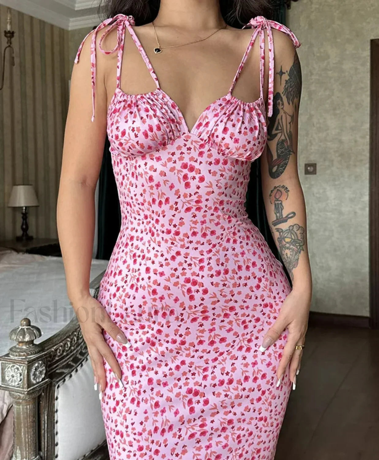 Floral Ruffle Lace-Up Maxi Dress