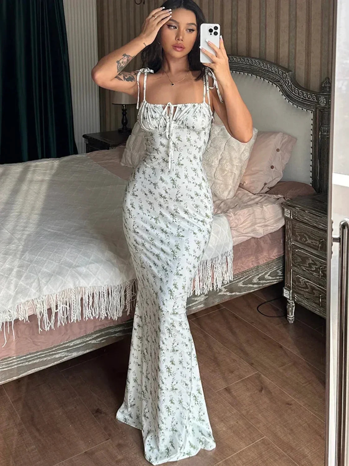 Floral Ruffle Lace-Up Maxi Dress