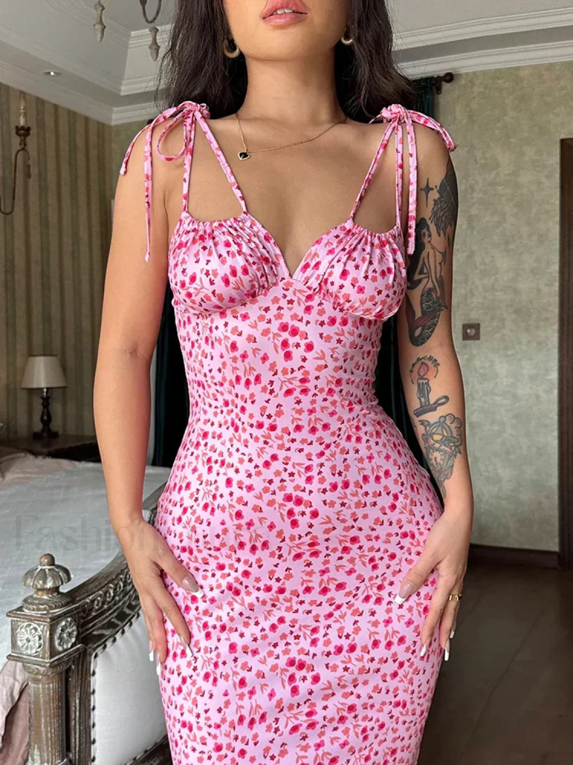 Floral Ruffle Lace Up Maxi Dress Pink / XS