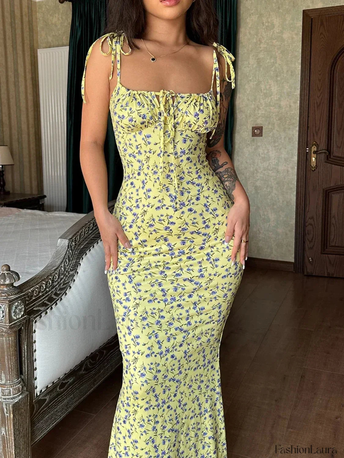 Floral Ruffle Lace-Up Maxi Dress