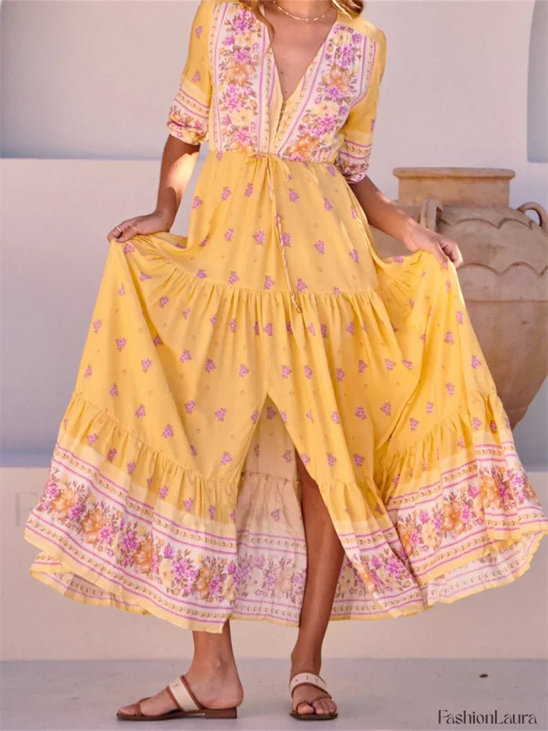 Floral Split Deep V Maxi Dress