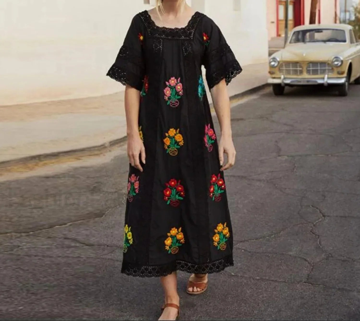 Floral Square Neck Boho Dress Black / S