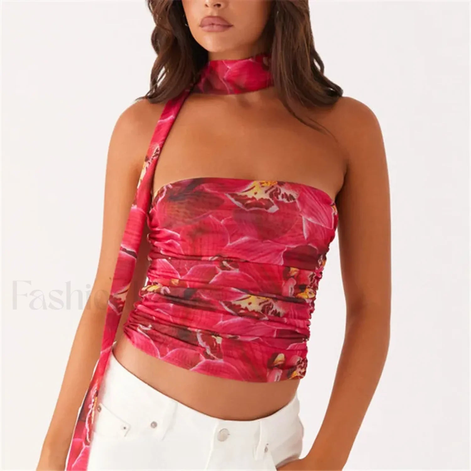 Floral Tube Strapless Crop Top RED / S