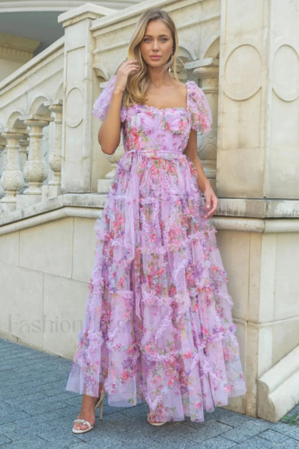 Floral Tulle Puff Sleeve Graceful Bow Tie Maxi Dress