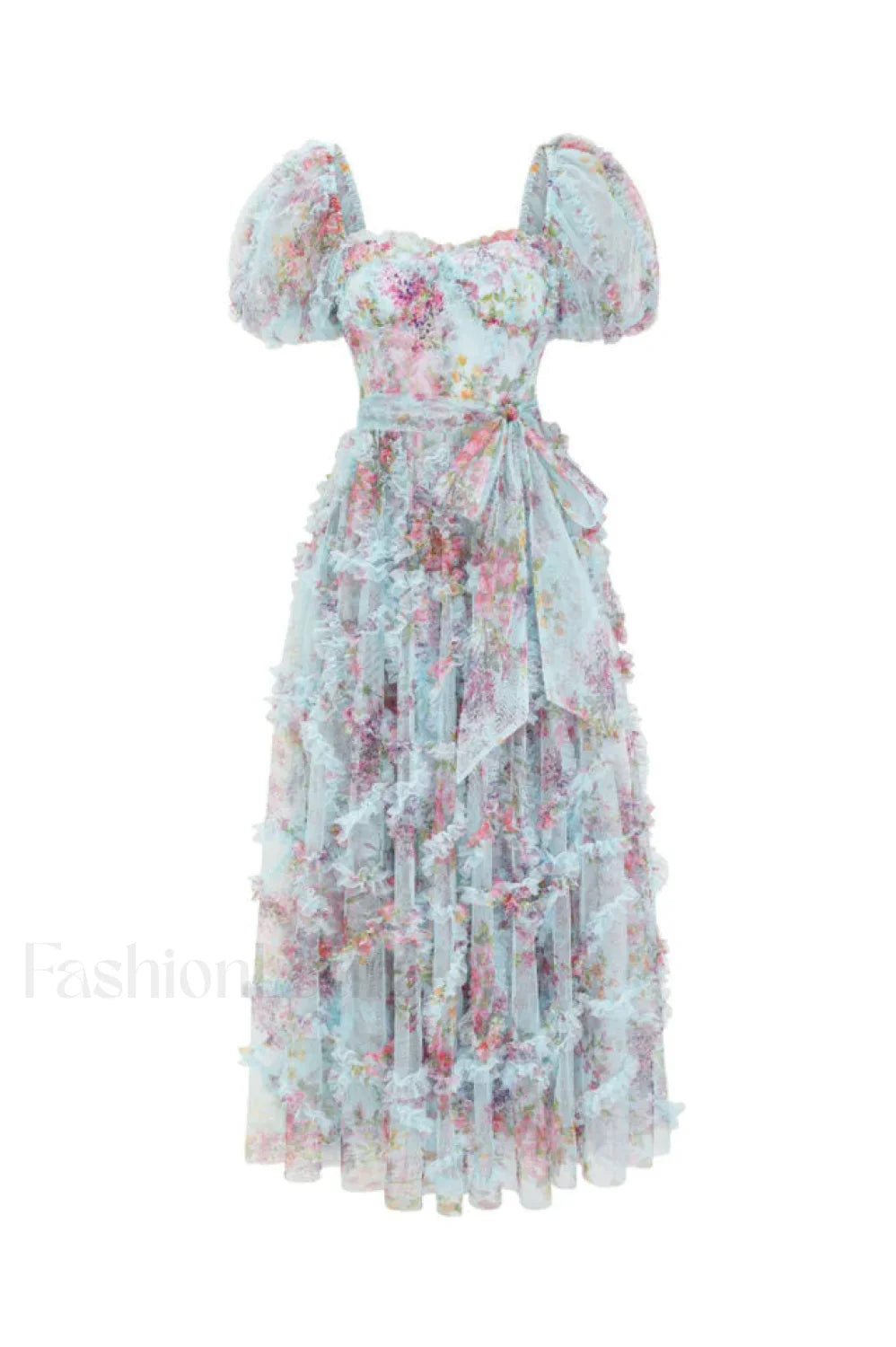Floral Tulle Puff Sleeve Graceful Bow Tie Maxi Dress
