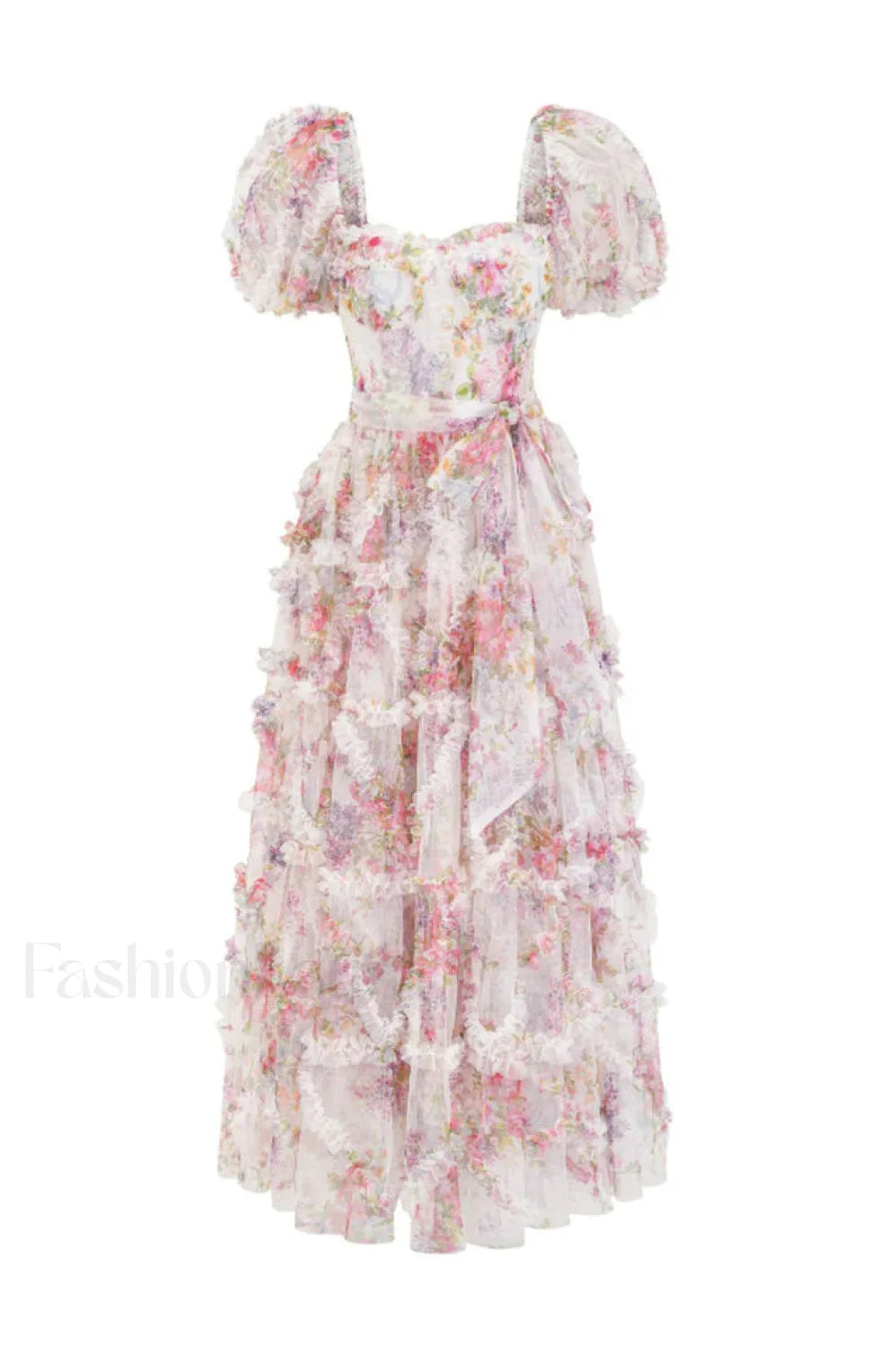 Floral Tulle Puff Sleeve Graceful Bow Tie Maxi Dress