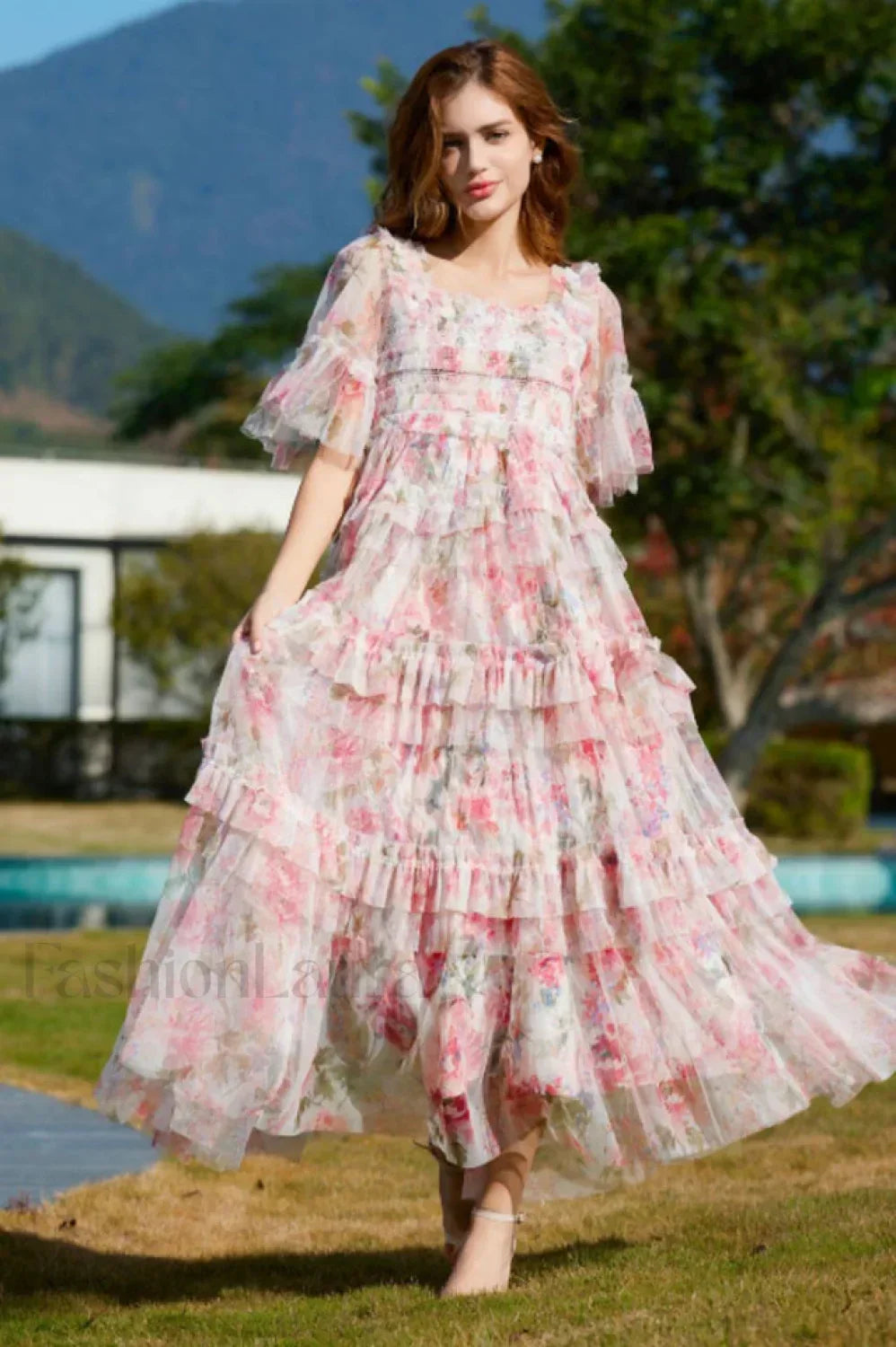 Floral Tulle Ruffle Charming Layered Maxi Dress