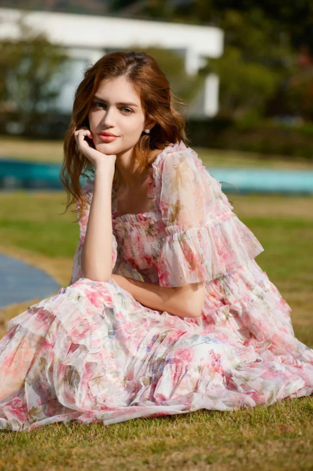 Floral Tulle Ruffle Charming Layered Maxi Dress