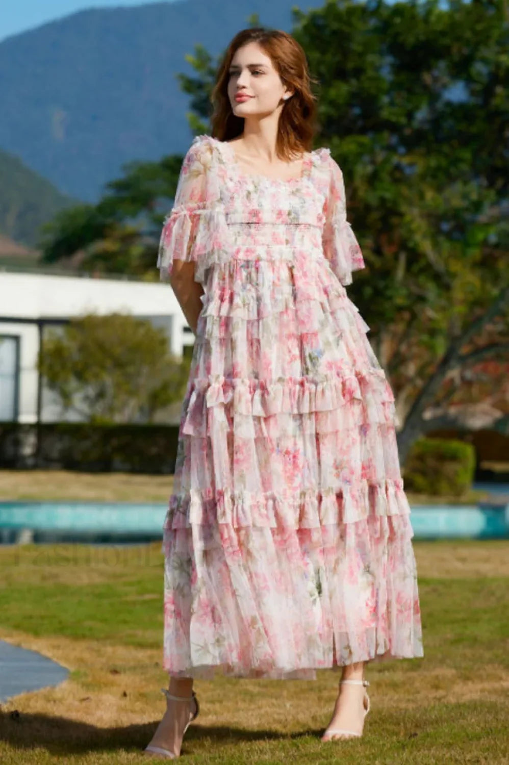 Floral Tulle Ruffle Charming Layered Maxi Dress