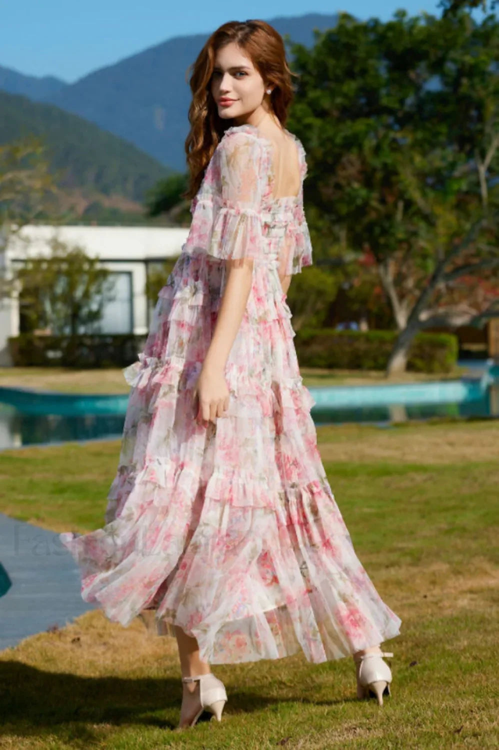 Floral Tulle Ruffle Charming Layered Maxi Dress