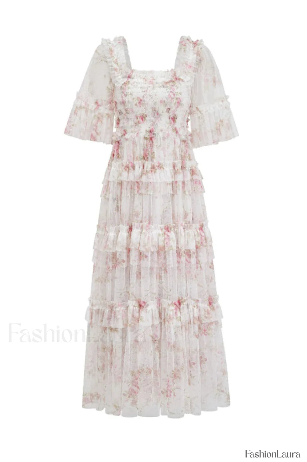 Floral Tulle Ruffle Charming Layered Maxi Dress