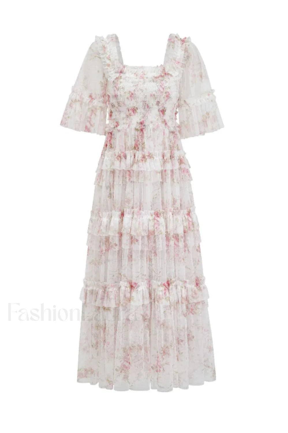 Floral Tulle Ruffle Charming Layered Maxi Dress