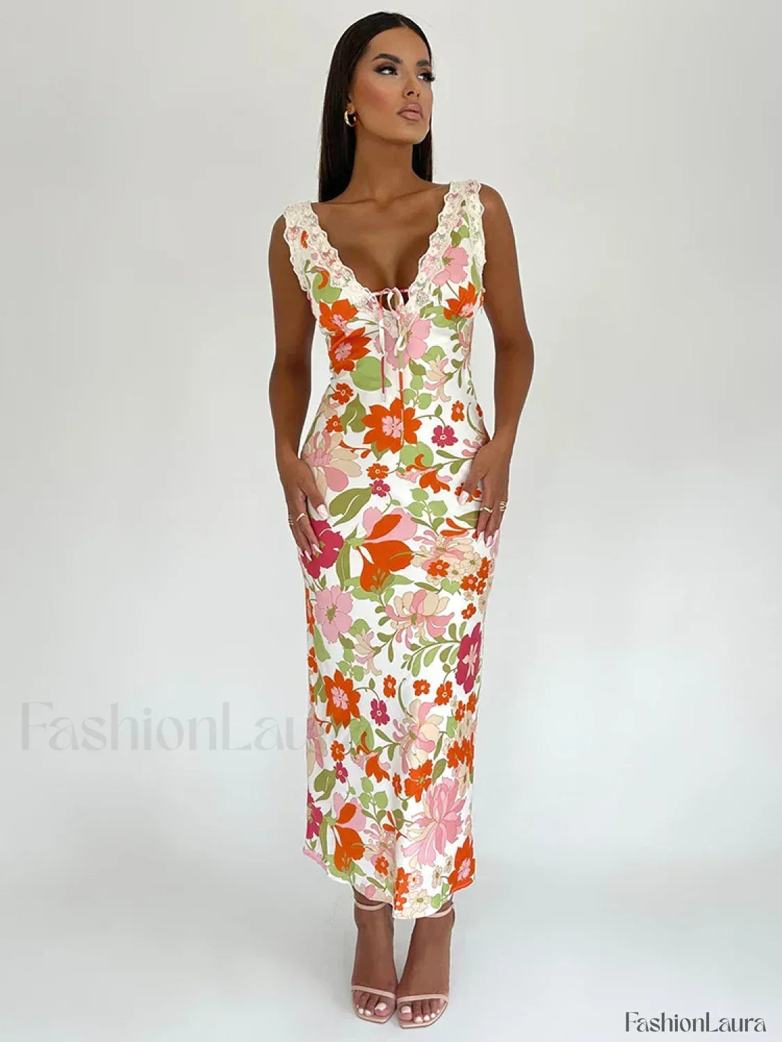 Floral V Neck Bodycon Maxi Dress