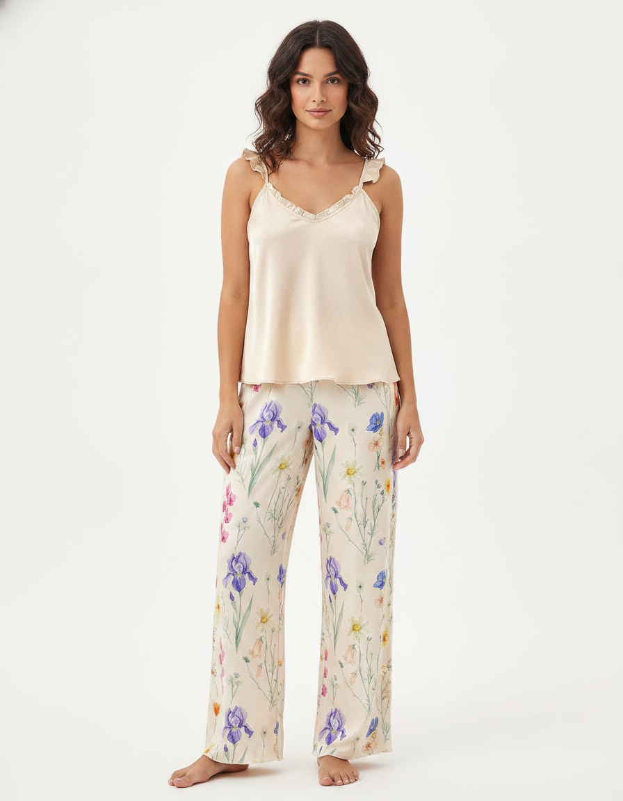 Floral Wide Leg Cami Pajama Set | Ruffle Trim & Comfortable Fit
