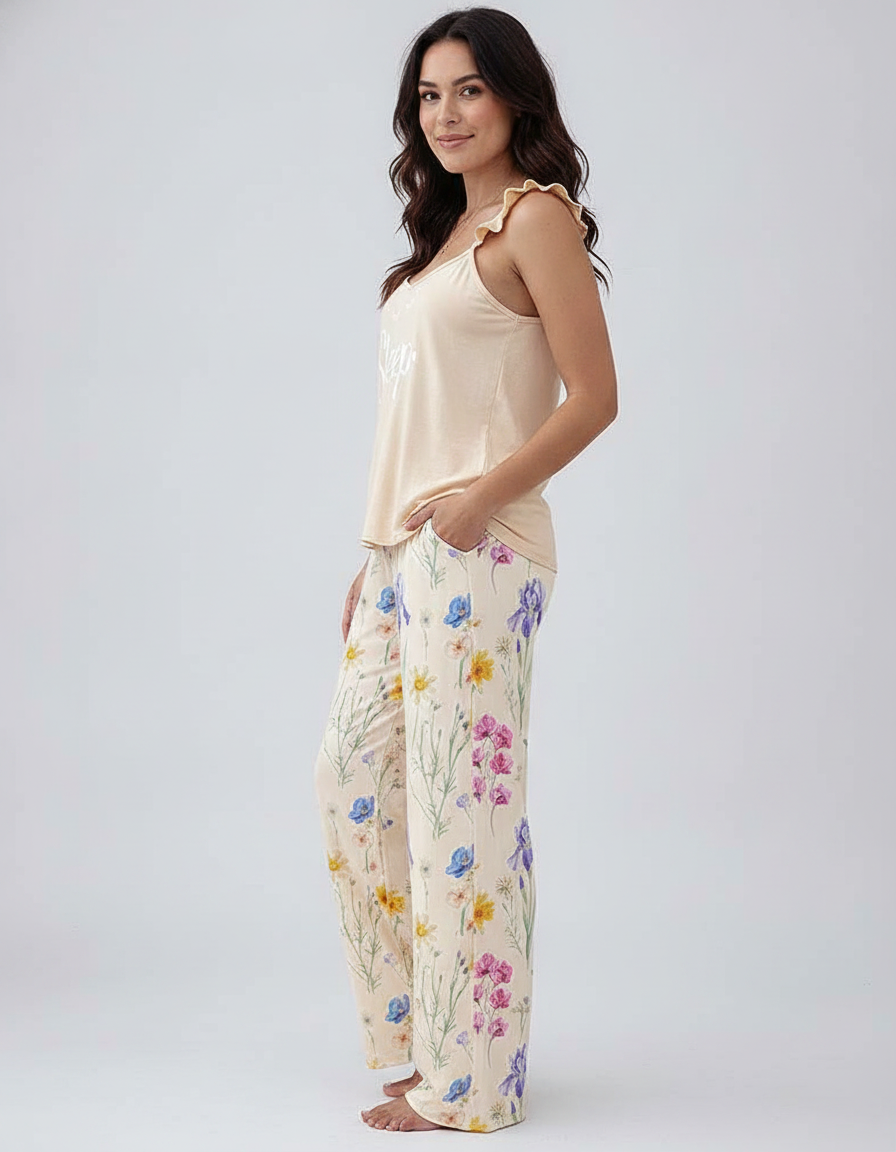 Floral Wide Leg Cami Pajama Set | Ruffle Trim & Comfortable Fit