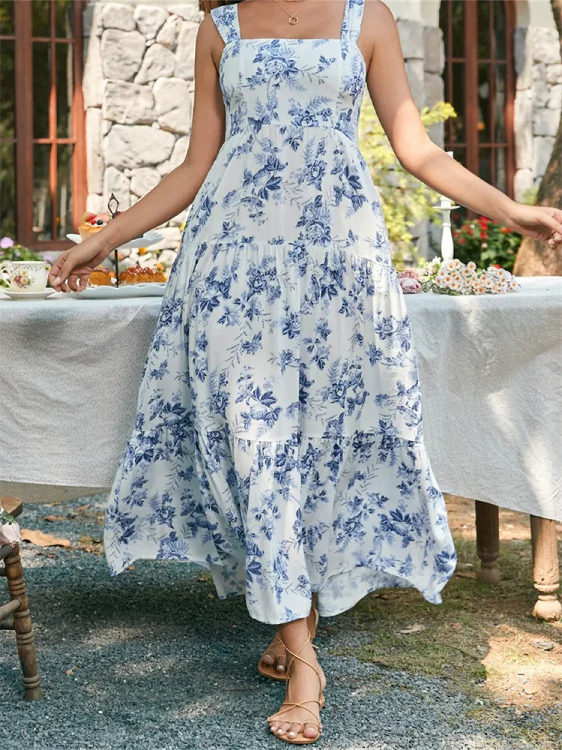 Floral Wide Strap A Line Maxi Dress BLUE / S