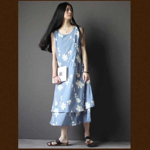 floral embroideried linen summer dress layered Navy cotton dress