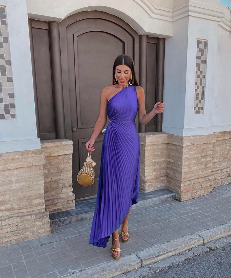 Marjorie - Elegant One Shoulder Midi Dress Purple