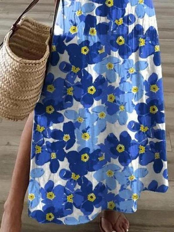 Flower Print V Neck Short Sleeve Split Dress