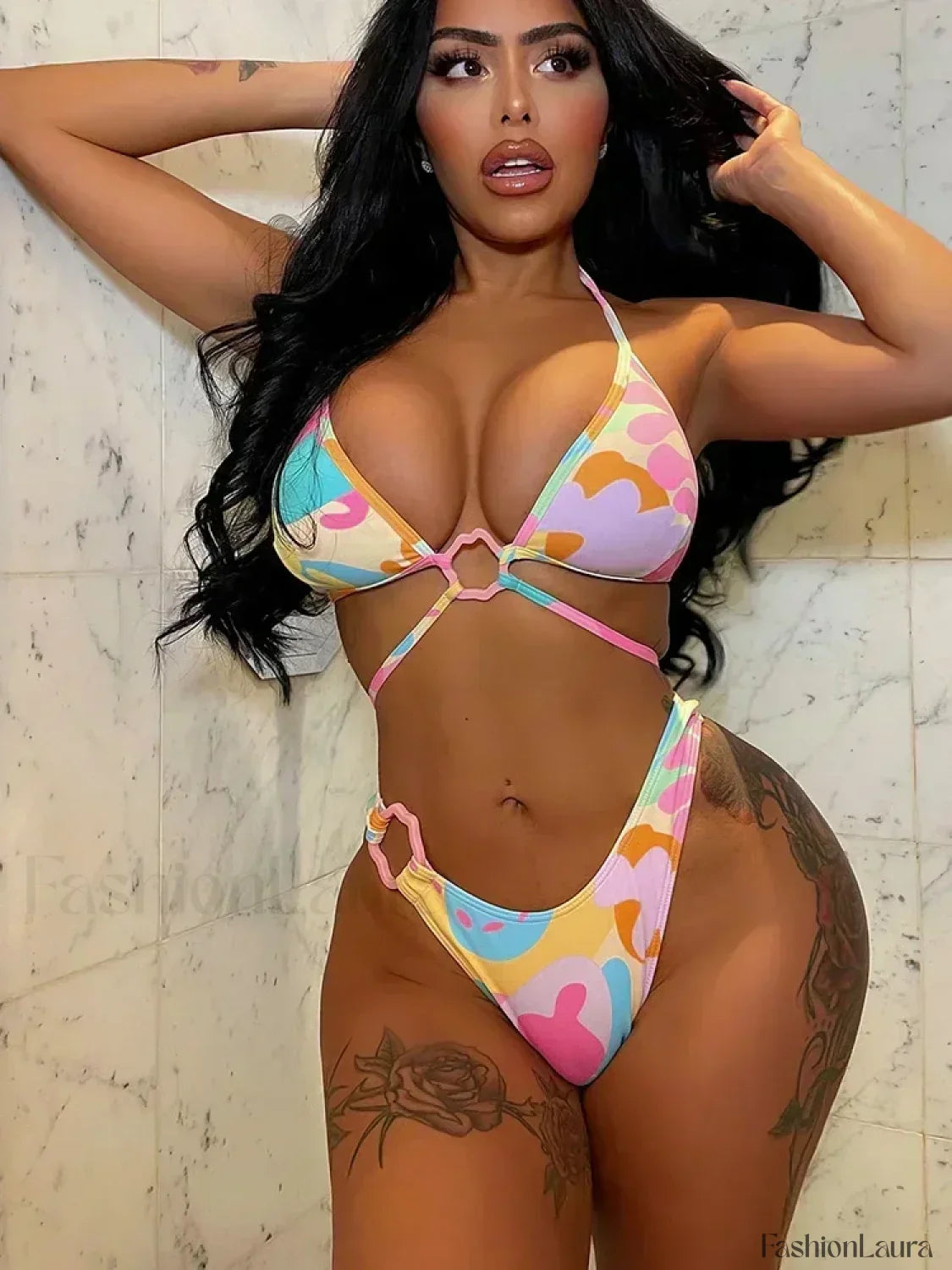 Flower Printed Halter Triangle Bikini Set