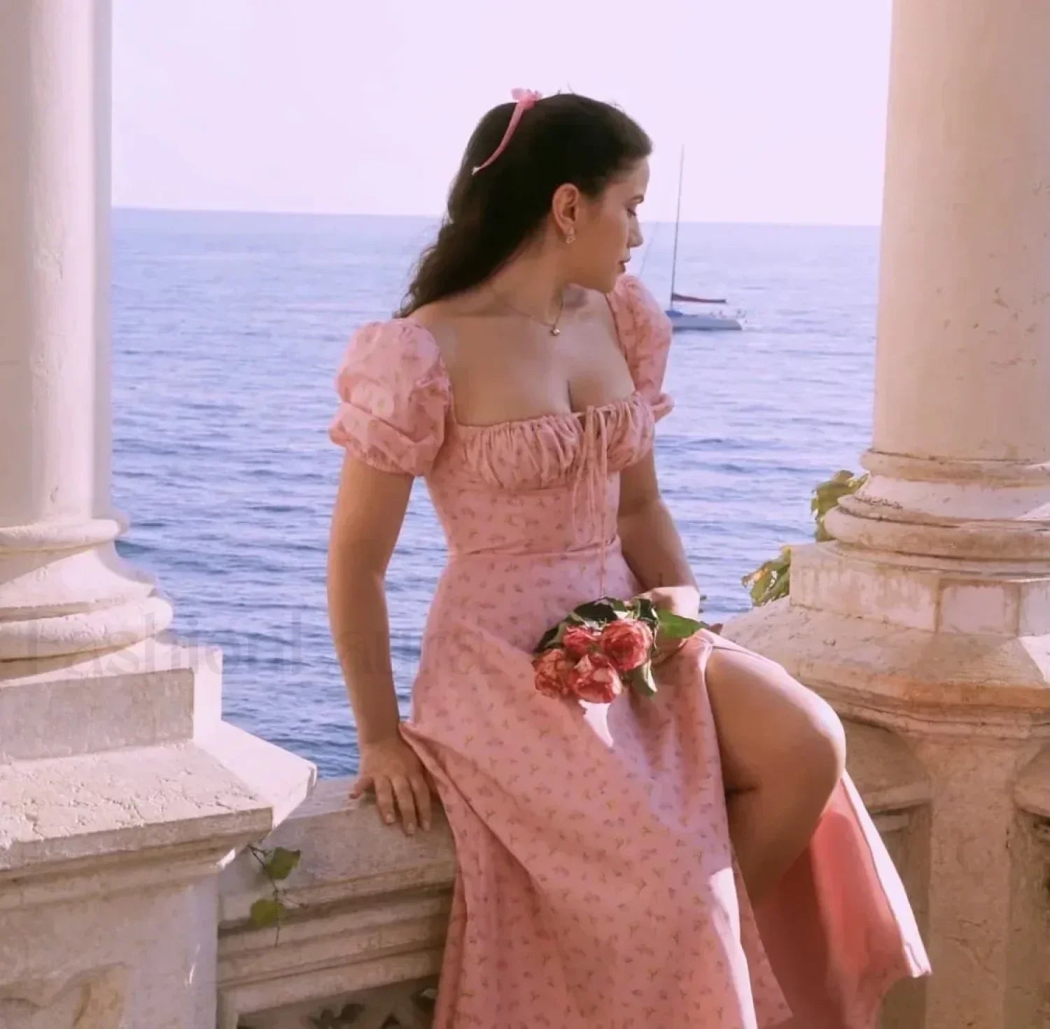 Flower Short Sleeve Maxi Dress PINK flower / XS