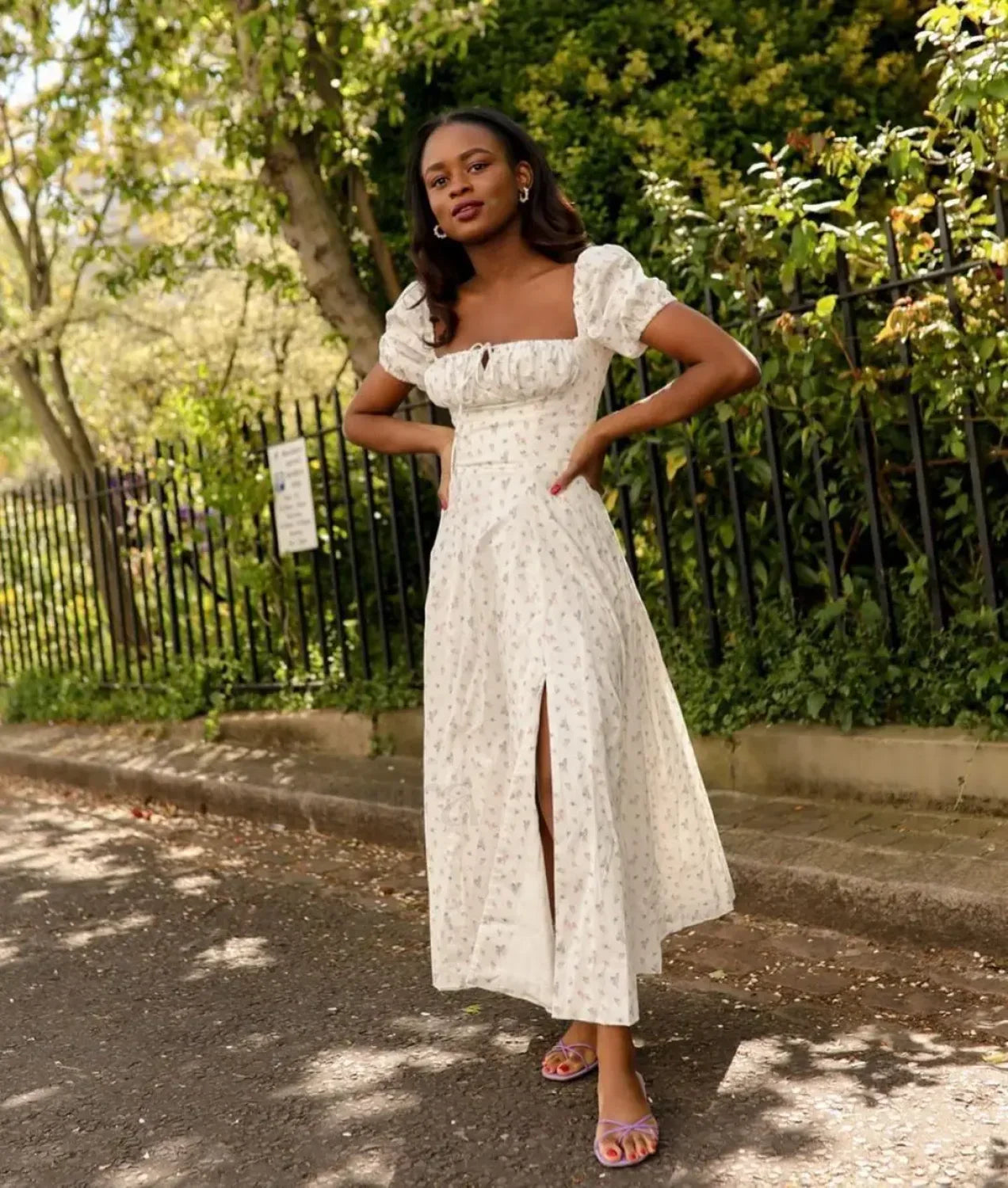 Flower Short Sleeve Maxi Dress WHITE PRINTED / XS