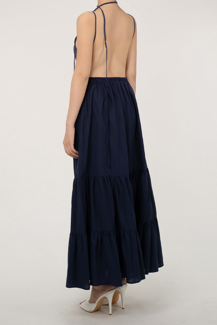 Flowy Bow Tie Backless Tiered Cotton Beach Vacation Cami Maxi Sundress