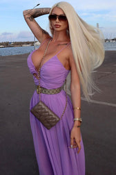 Flowy Deep V Cutout Ruched Sleeveless Chiffon Evening Maxi Dress - Purple 2