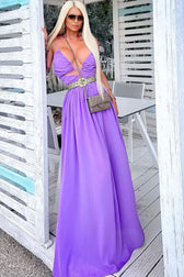 Flowy Deep V Cutout Ruched Sleeveless Chiffon Evening Maxi Dress - Purple 3