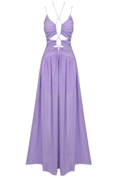 Flowy Deep V Cutout Ruched Sleeveless Chiffon Evening Maxi Dress - Purple 5