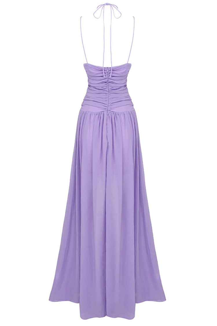 Flowy Deep V Cutout Ruched Sleeveless Chiffon Evening Maxi Dress - Purple 6