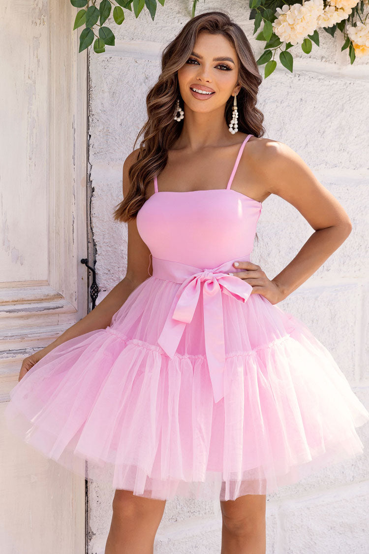 Flowy Square Neck Spaghetti Strap Bow Tie Tulle Skater Party Mini Dress