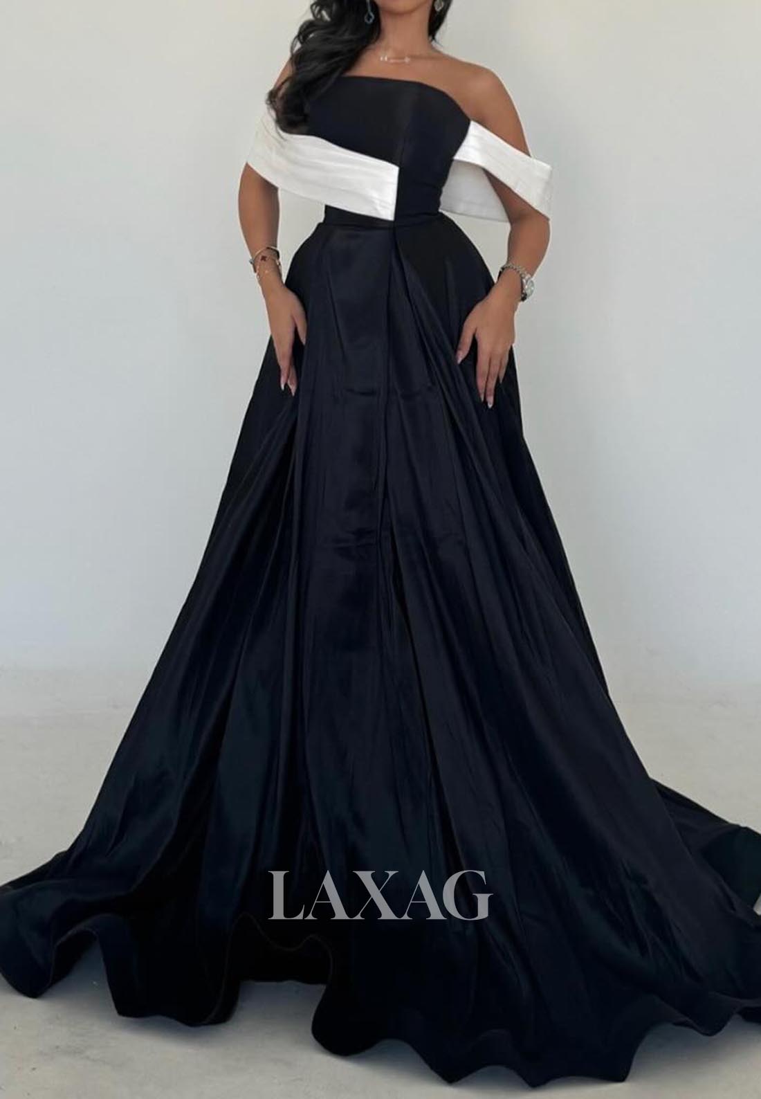 A-Line Tube Top Sleeveless Off-Shoulder Evening Dress Pleated Satin Sweep Train Formal Gowns