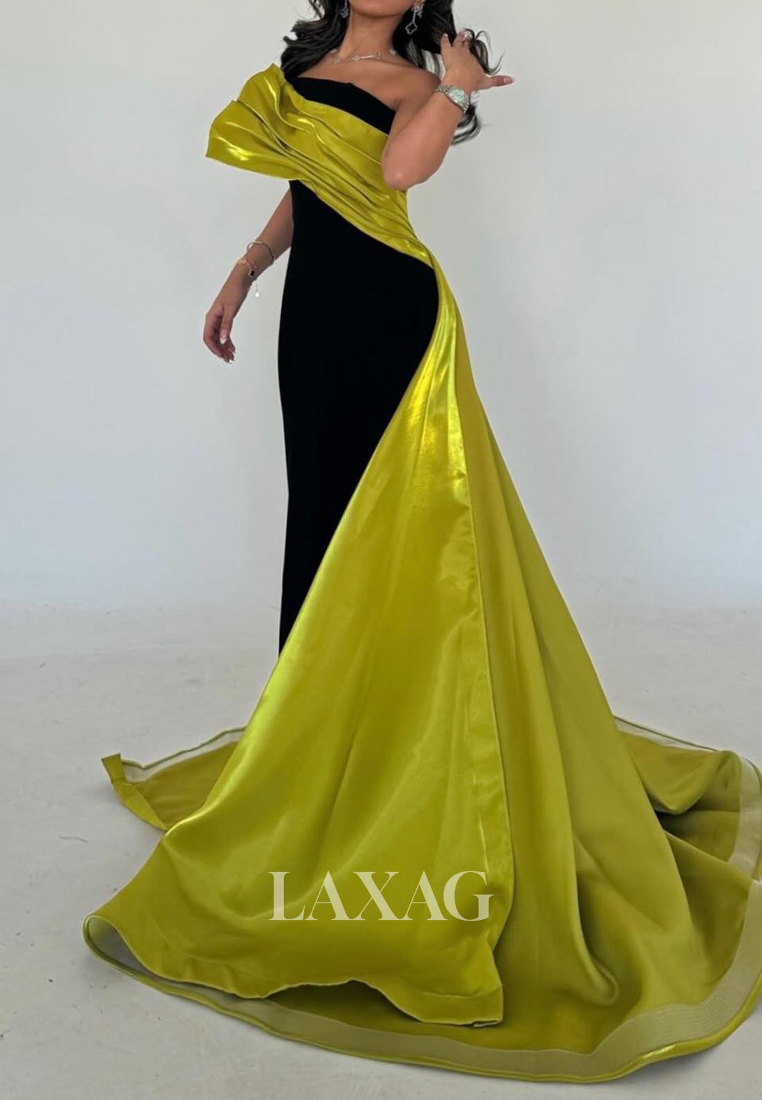 Off-Shoulder Sleeveless Pleated Formal Gowns Tube Top Two Tone Satin Evening Dress with Train