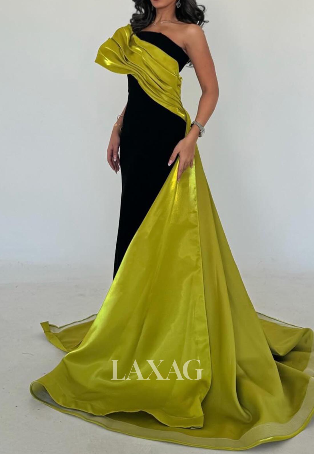 Off-Shoulder Sleeveless Pleated Formal Gowns Tube Top Two Tone Satin Evening Dress with Train