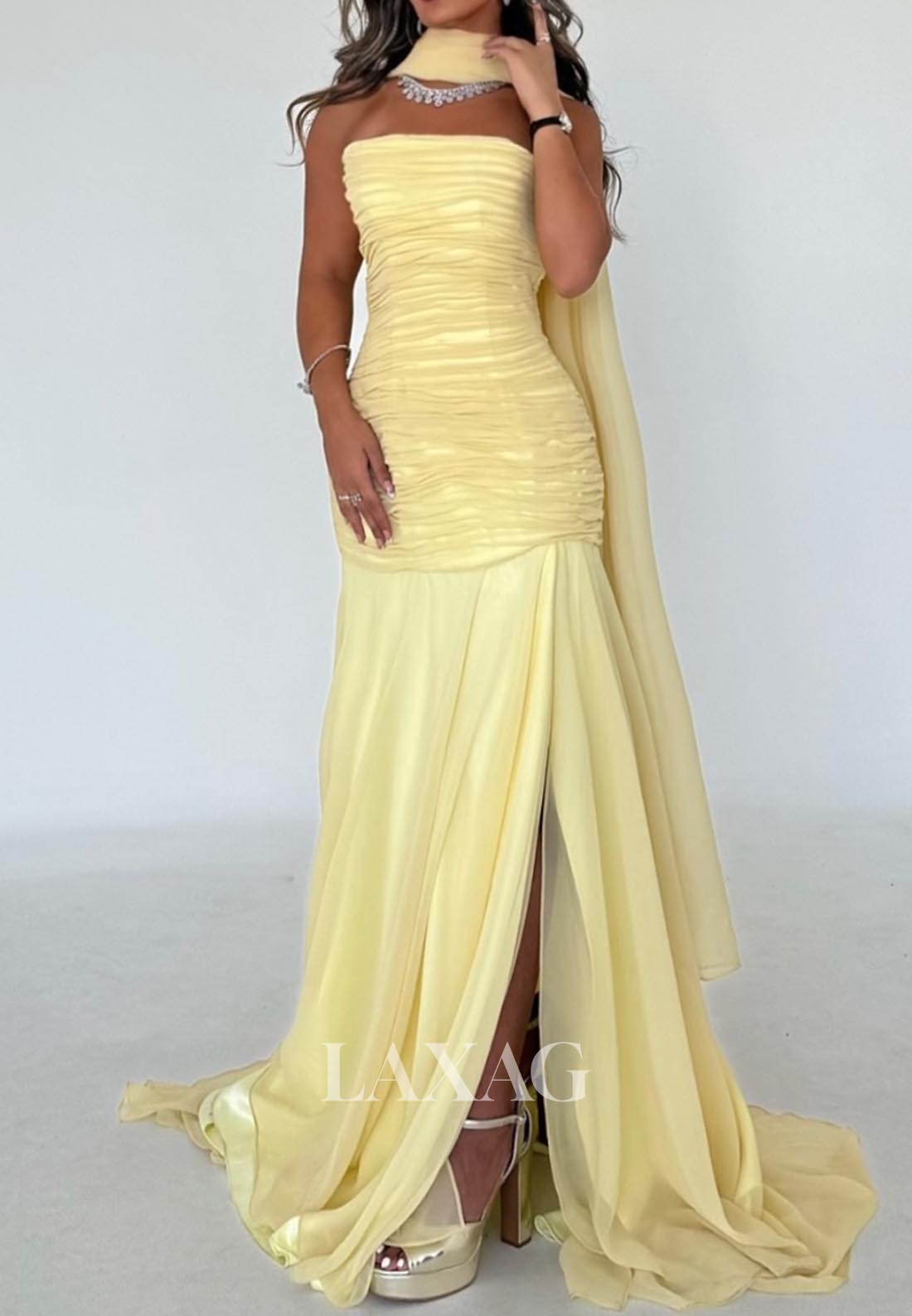 Tube Top Off-Shoulder Sleeveless A-Line Evening Dress Pleated Chiffon Sweep Train Formal Gowns